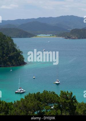 Vue vers l'Est du haut de l'île de Motuarohia sur la baie des îles. Voiliers amarrés. Banque D'Images