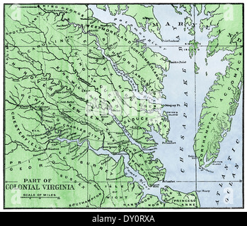 Carte de la partie orientale de la Virginie coloniale, 1700. À la main, gravure sur bois Banque D'Images