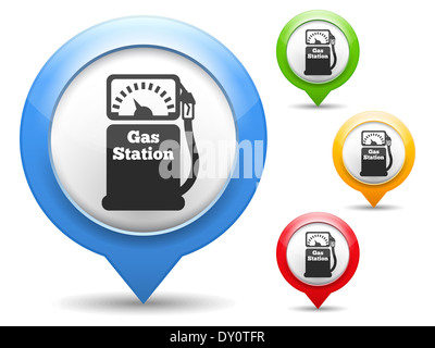 Marqueur de carte avec l'icône d'une station d'essence, quatre couleurs différentes Banque D'Images