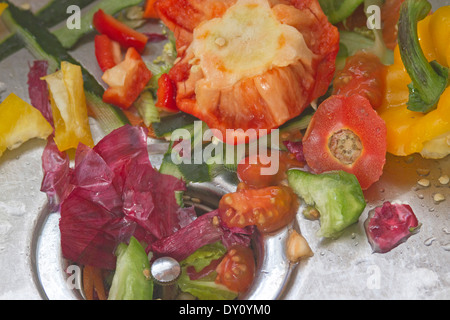 Un évier en métal rempli de matières organiques, de pelures de légumes tomates, poivrons verts, oignons rouges, poivrons jaunes et des concombres Banque D'Images