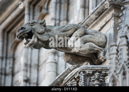 BRUXELLES, Belgique — Une gargouille en pierre est projetée depuis le mur extérieur de la mairie de Bruxelles sur la Grand place. Cet élément architectural médiéval, combinant sculpture décorative et fonction de drainage pratique, illustre l'artisanat architectural gothique. La gargouille représente une partie du vaste programme ornemental gothique du bâtiment, datant du XVe siècle. Banque D'Images