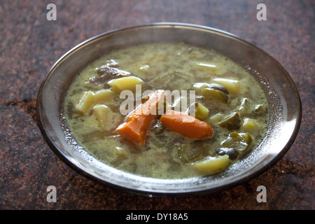 Un délicieux d'entrailles Polish Ogórkowa - Soupe aux carottes garnie de cornichons. Zawady Centre de la Pologne Banque D'Images