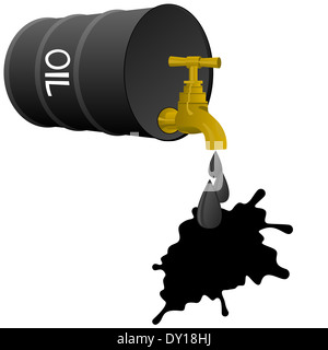 Baril de pétrole produits et robinet goutte gouttes d'huile. Illustration sur fond blanc. Banque D'Images