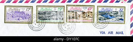 Timbres-poste de la Barbade le cachet de l'enveloppe de la poste le 1er mars 1978 Banque D'Images