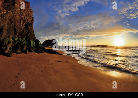 Le Portugal, l'Alentejo, Parc Naturel Costa Vicentina et au sud-ouest de l'Alentejo, Porto Covo, plage, baie, rochers, marée basse, coucher de soleil, le coucher du soleil, perspective fisheye fisheye, jaune, bleu de l'horizon, les silhouettes rock, calme, paisible, romantique, paysage marin, littoral, trav Banque D'Images