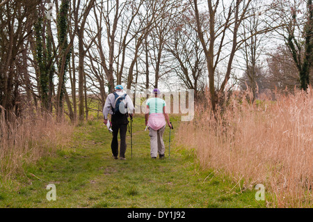 Vue arrière d'un couple de personnes âgées marcher dans la campagne Banque D'Images