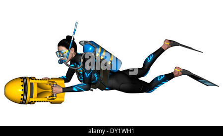 Numérique 3D render of a female diver avec un triporteur isolé sur fond blanc Banque D'Images