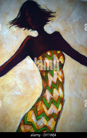 L'art africain, l'article de peinture de femme africaine danser sur l'affichage dans le couloir de l'hôtel Riu Touareg au Cap Vert Banque D'Images