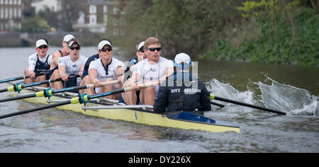 London, UK . 06Th avr, 2014. Sortie pratique par Oxford University Boat Club bleu bateau en préparation de la course de bateaux des universités le dimanche 6 avril 2014. Emplacement :- Tamise, Londres, Royaume-Uni entre Putney et Mortlake (démarrage). Bleu Bateau OUBC crew (bleu foncé) : tops- Bow : Storm UrU, 2 : Tom Watson, 3, 4 Thomas Karl Hudspith Swartz, 5 Malcolm Howard, 6 Michael Di Santo, 7, Sam O'Connor, Course : Constantine Louloudis, Cox : Laurence Harvey, entraîneur en chef : Sean Bowden. Credit : Duncan Grove/Alamy Live News Banque D'Images