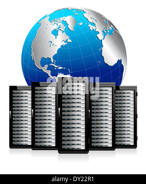 Cinq serveurs de réseau avec Globe - technologie de l'information image conceptuelle Banque D'Images