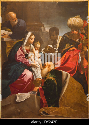 Bologne, Italie - 16 mars 2014 : l'Adoration des Mages, la peinture de l'église de la Nativité par Giacomo Cavedoni (1577 - 1660) Banque D'Images