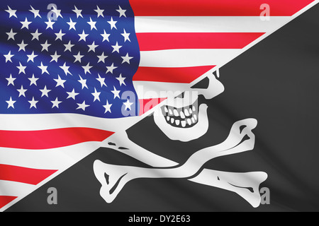 Pavillon de l'USA et Drapeau pirate Jolly Roger dans le vent. Partie d'une série. Banque D'Images