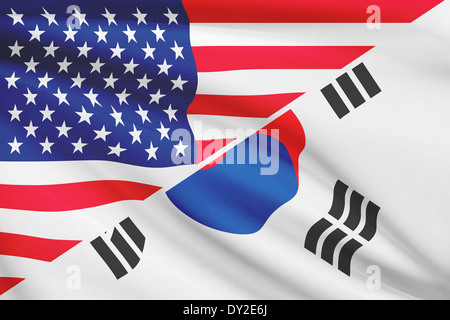 Drapeaux des USA et de la Corée du Sud dans le vent. Partie d'une série. Banque D'Images