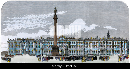 La colonne d'Alexandre, honorant le Tsar Alexandre I, l'extérieur du palais d'hiver, St Pétersbourg, Russie, 1880. À la main, gravure sur bois Banque D'Images