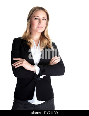 Magnifique Portrait de femme d'affaires isolé sur fond blanc, directeur exécutif, portant costume élégant noir Banque D'Images