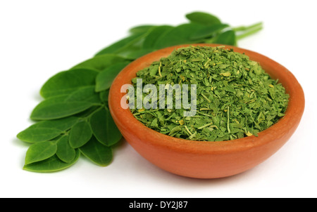 Les feuilles de moringa dired et vert avec un petit bol Banque D'Images