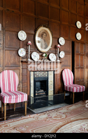 Coin salon avec cheminée, plaques et d'affichage portrait ovale Banque D'Images