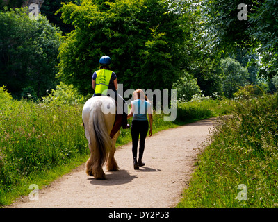 Woman riding un Shire Horse en laisse cours avec instructeur sur un chemin à Creswell Crags dans le Derbyshire, Angleterre, Royaume-Uni Banque D'Images