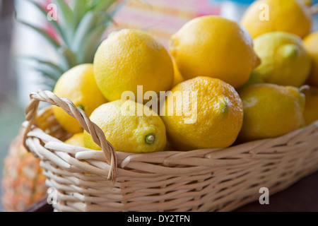 Panier de citrons frais au marché de fruits Banque D'Images