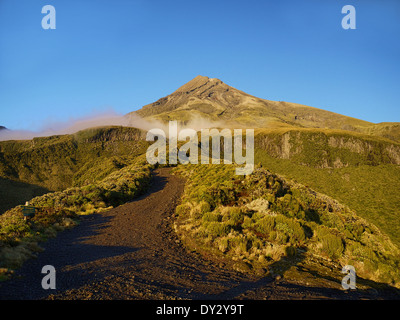 Vue sur le volcan Mont Taranaki (Mt) Egmont Egmont National Park près du début de la sanction royale tôt un matin ensoleillé Banque D'Images
