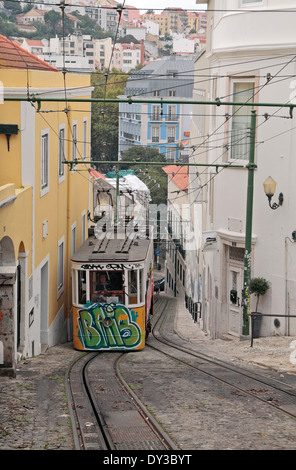 L'Elevador do Lavra Lavra (ou funiculaire), la plus ancienne rue funiculaire au monde, Lisbonne (Lisboa) au Portugal. Banque D'Images