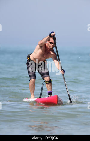 Dunedin, Floride. Le 05 Avr, 2014. Stand up paddleboarder Adam Pollock, de Longwood, approche de l'arrivée de la course de 4 milles, bien que concurrentes dans la morsure de requin courses Défi Samedi (4/5/14) à l'Honeymoon Island Sate Park à Dunedin. ( Photo : Douglas R. Clifford/Tampa Bay Times/ZUMAPRESS.com/Alamy Live News Banque D'Images