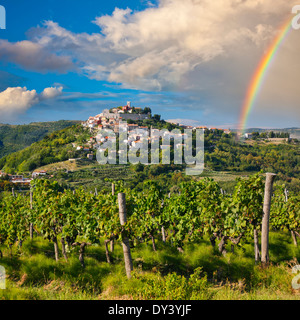 Motovun sur la colline après la pluie avec arc-en-ciel sur le ciel, Croatie Banque D'Images