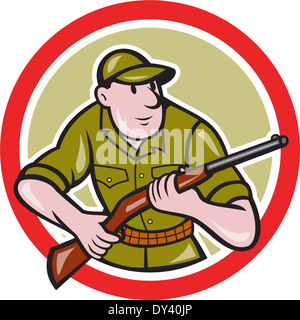 Illustration d'un chasseur fusil comptable face à l'avant fixé à l'intérieur du cercle sur fond isolé fait en style cartoon. Banque D'Images