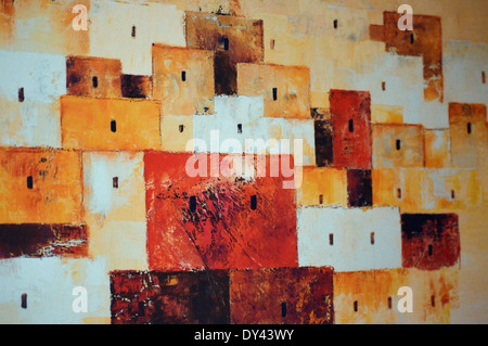 L'art africain, la peinture colorée de village arabe dans le désert sur l'affichage dans le couloir de l'hôtel Riu Touareg au Cap Vert Banque D'Images