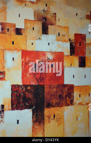 L'art africain, la peinture colorée de village arabe dans le désert sur l'affichage dans le couloir de l'hôtel Riu Touareg au Cap Vert Banque D'Images