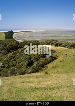 À l'est à travers Farewell Spit du haut d'une colline locale près de Puponga, Nouvelle-Zélande. Banque D'Images