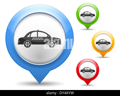 Marqueur de carte avec l'icône d'un taxi Banque D'Images