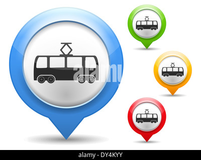 Marqueur de carte avec l'icône d'un tramway Banque D'Images