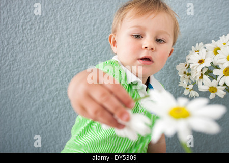 Bébé Garçon jouant avec des fleurs Banque D'Images