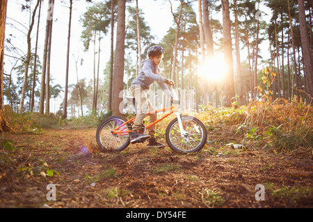 Boy riding son vélo BMX à travers la forêt Banque D'Images