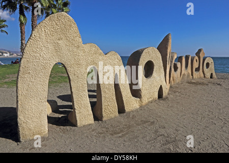 Signe de la Malagueta sur plage de Malaga, Costa del Sol, Espagne Banque D'Images