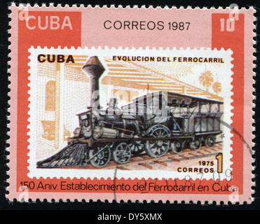 CUBA - circa 1987 : timbre imprimé dans la locomotive antique montre Cuba, la cubaine, 150e anniversaire, série, vers 1987 Banque D'Images