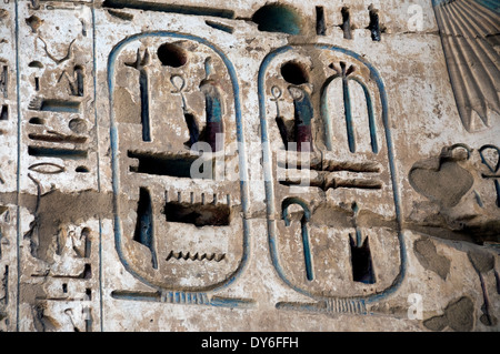 Temple de Ramsès III (1198-1167 av. - XX° Dyn.) à Médinet Habou : reliefs sur les colonnes dans la première cour.Deux hiéroglyphes. Banque D'Images