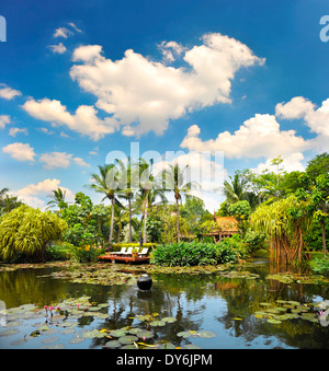 L'étang avec des plantes tropicales luxuriantes sur nuageux ciel bleu. luxury resort Banque D'Images