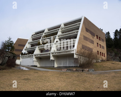 Maisons mitoyennes dans la banlieue de Vestli Oslo Norvège, un style de construction qui offre de grands balcons et les boîtes à fleurs Banque D'Images