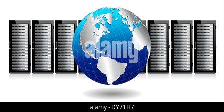 Rangée de serveurs de réseau avec Globe - technologie de l'information image conceptuelle Banque D'Images