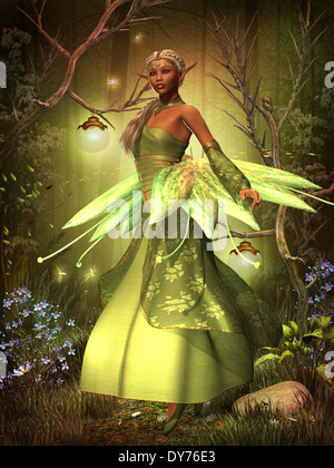 Une fée dans une belle robe plane sur la forêt magique sur gossamer wings. Banque D'Images