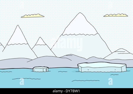 Paysage de l'Arctique avec des montagnes et des morceaux d'iceberg flottant Banque D'Images