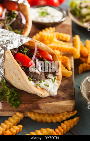 La viande fait maison avec Gyro Sauce Tzatziki, tomates et frites Banque D'Images