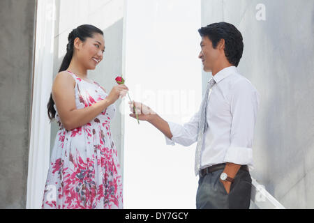 Homme offrant une rose rouge de petite amie Banque D'Images