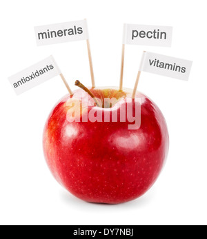 Concept d'aliments sains. Fresh apple avec des drapeaux montrant les bienfaits des fruits Banque D'Images