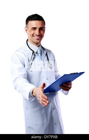 Heureux homme médecin offrant son handshake over white background Banque D'Images