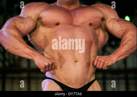 Détail d'un male bodybuilder durant la foire fitness FIBO à Cologne, Allemagne, 2014. Banque D'Images