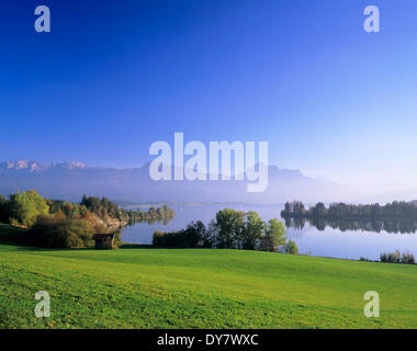 Forggensee, derrière les Alpes d'Allgäu, près de Füssen, Ostallgäu, Allgäu, Haute-Bavière, Bavière, Allemagne Banque D'Images