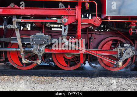 Détail d'une machine à vapeur, chemin de fer à voie étroite, Lößnitzgrundbahn au terminal s'arrêter à Radeburg, Saxe, Allemagne Banque D'Images